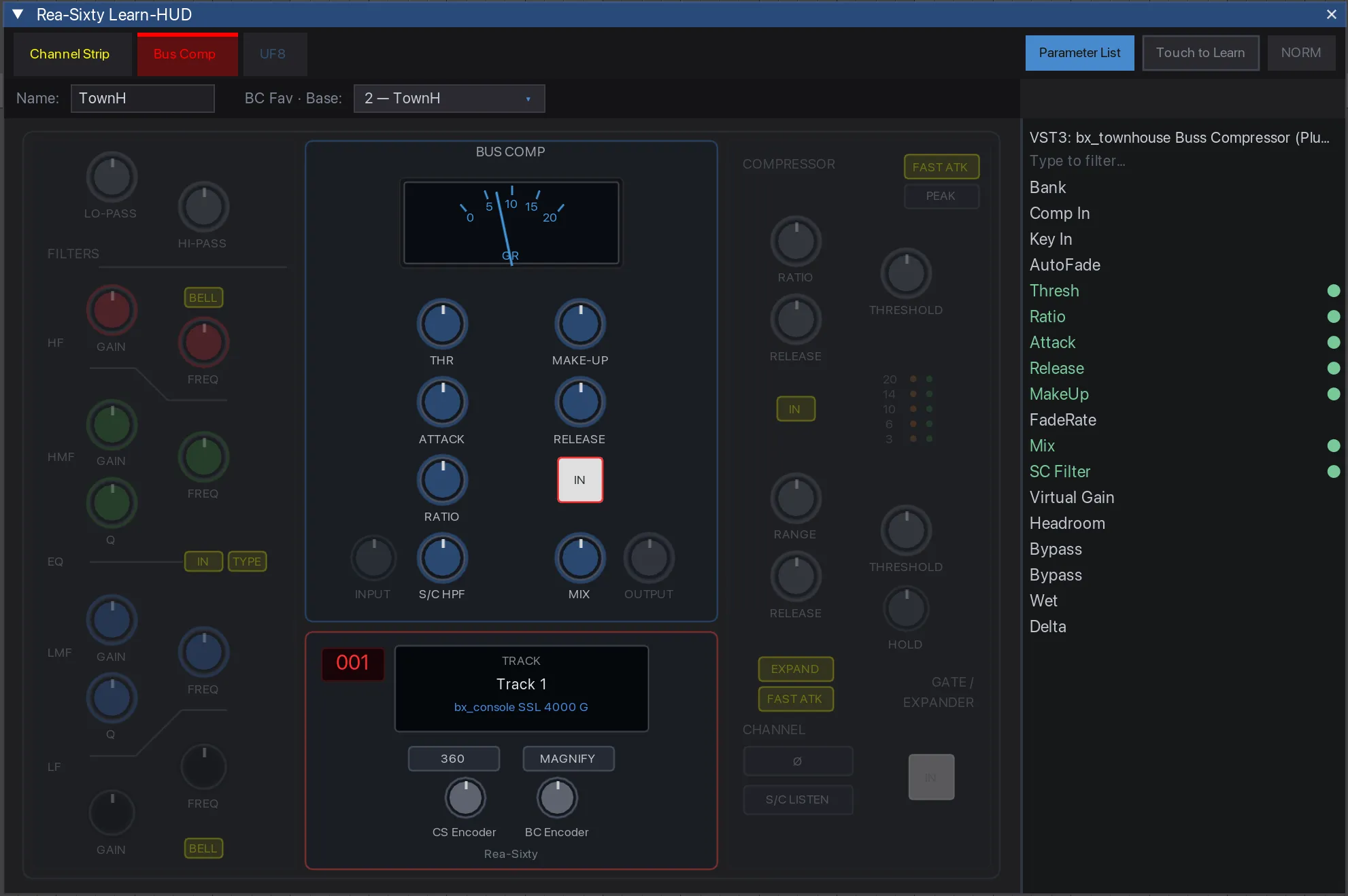 The Learn-HUD Bus Comp tab with the gain-reduction needle meter
