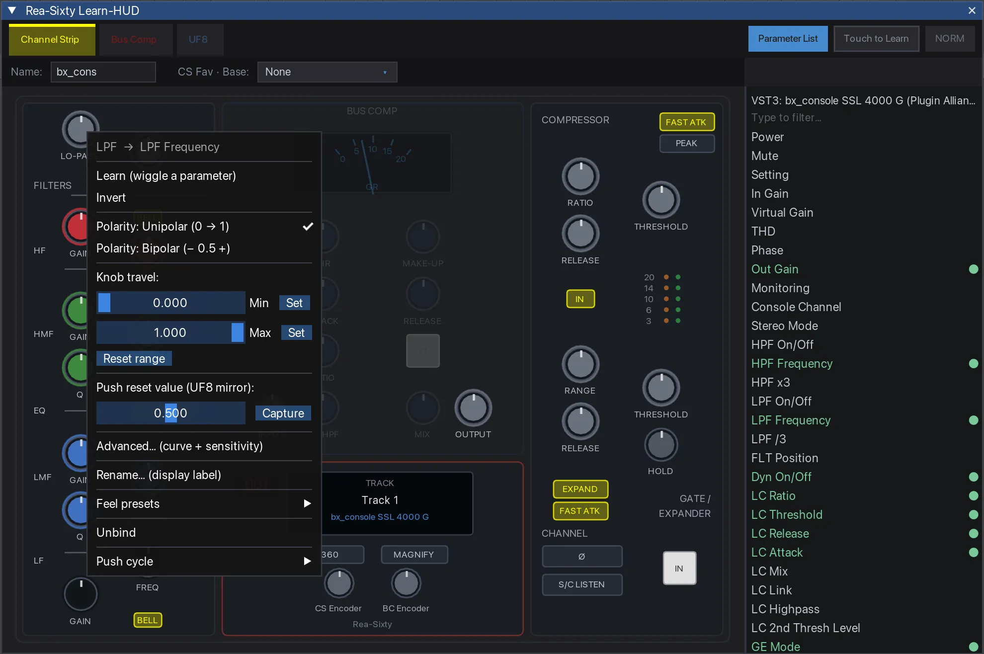 Right-clicking a pot opens its per-control menu: polarity, knob travel, push-to-reset and the feel presets.