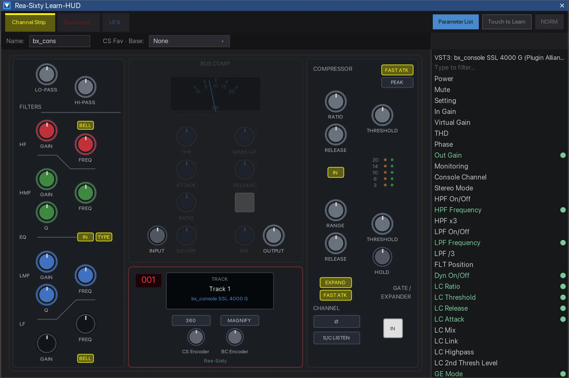 The Rea-Sixty Learn-HUD mirroring an SSL channel strip, with the mapped parameters listed alongside