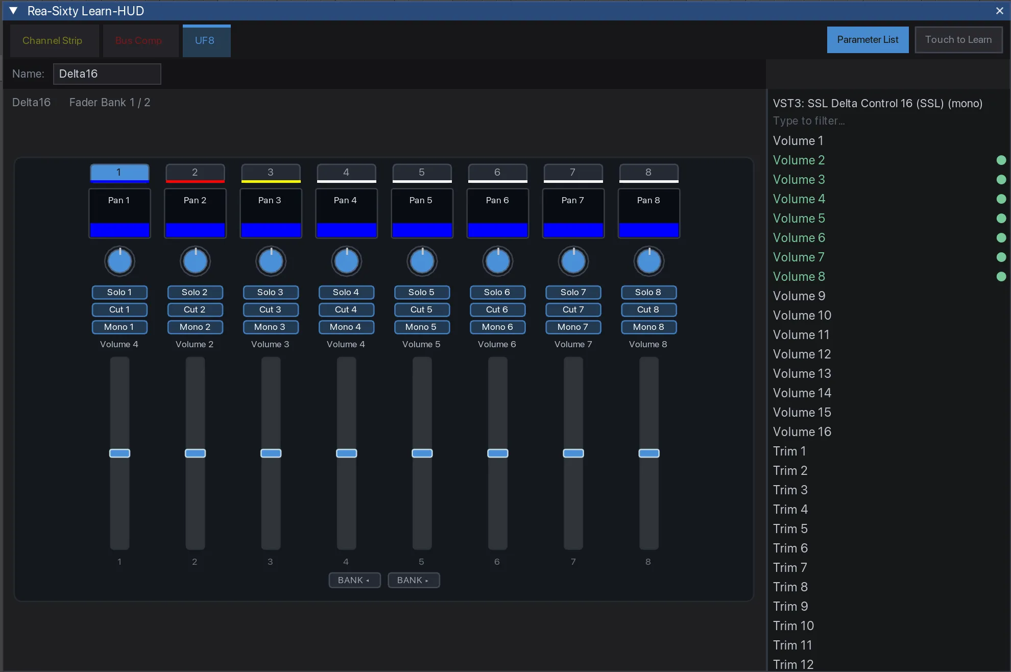The Learn-HUD UF8 tab showing eight strips with pan, solo, cut, mono and faders