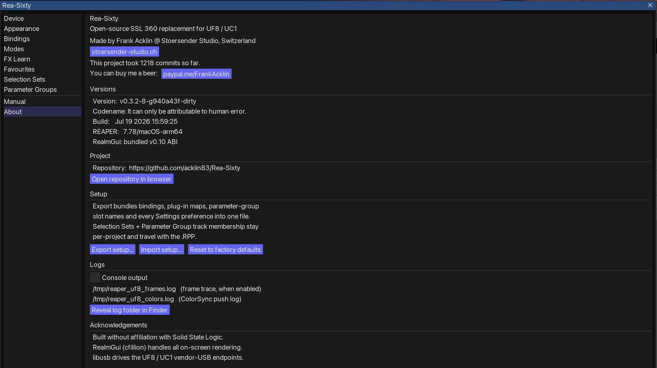 The Settings window's About tab, showing version, codename, build and repository details