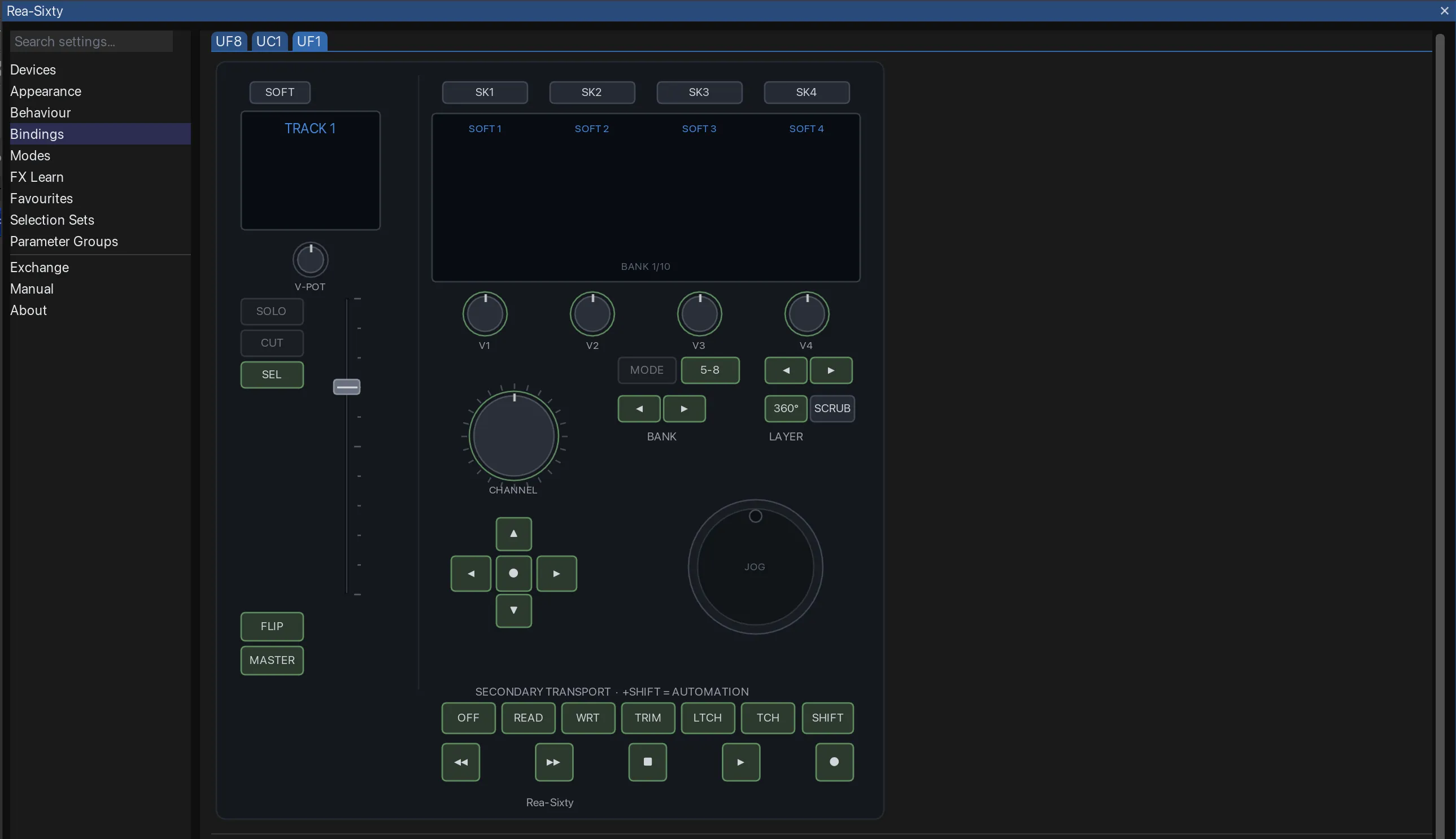 The Bindings pane on its UF1 tab, showing a mockup of the whole UF1: channel display and fader, four V-Pots under four soft-keys, the CHANNEL encoder, the nav cross, the jog wheel and both transport rows