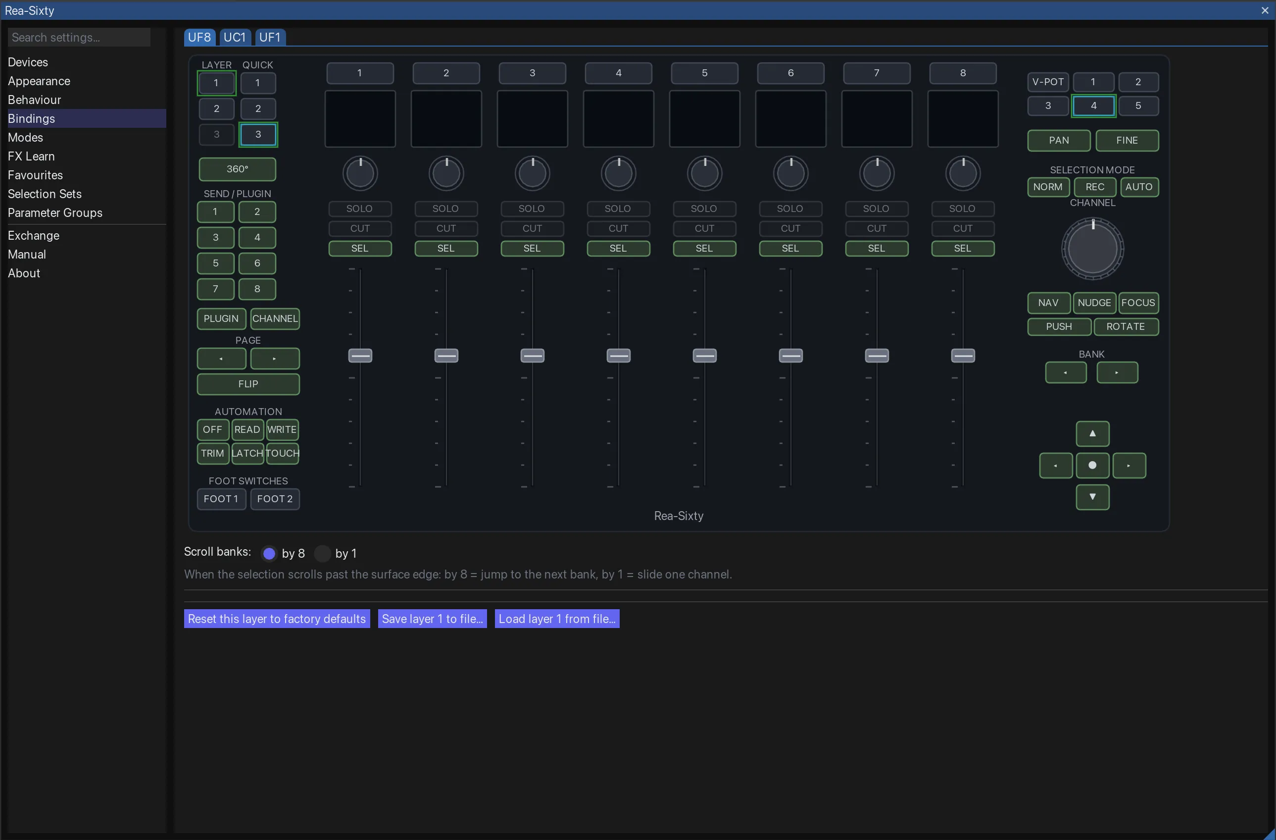 The Bindings pane, UF8 sub-tab — the full surface mockup with a binding editor