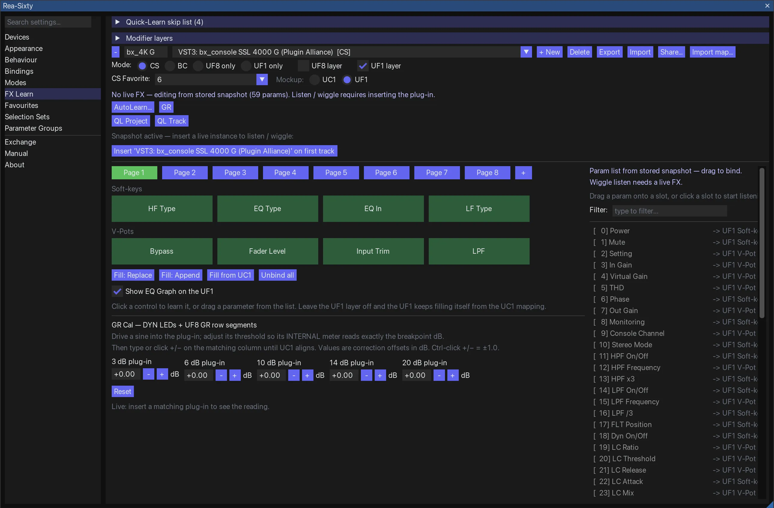 The FX Learn pane, with a ReaComp snapshot mapped onto the Bus Compressor mockup