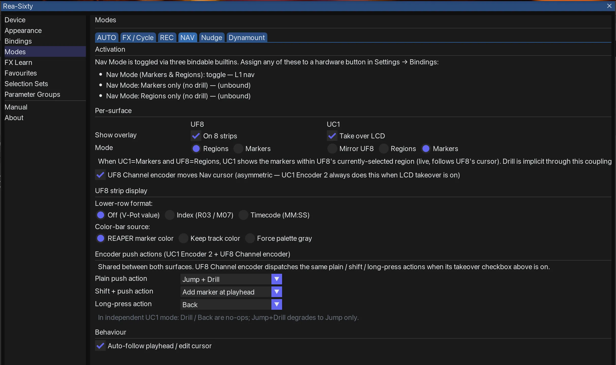 The Modes pane, NAV tab — marker and region navigation settings