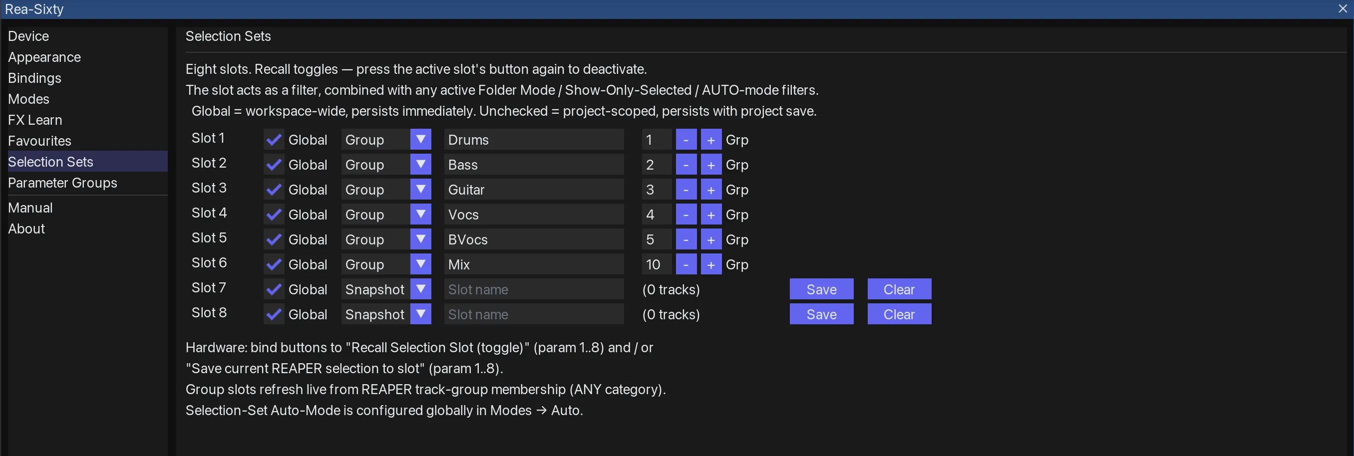 The Selection Sets pane, showing eight per-project slots